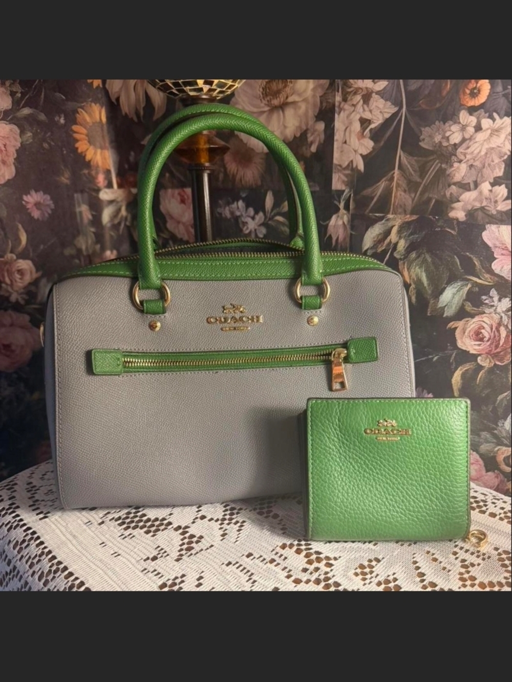 Coach Gray Leather Satchel with Green Trim and Matching Wallet
